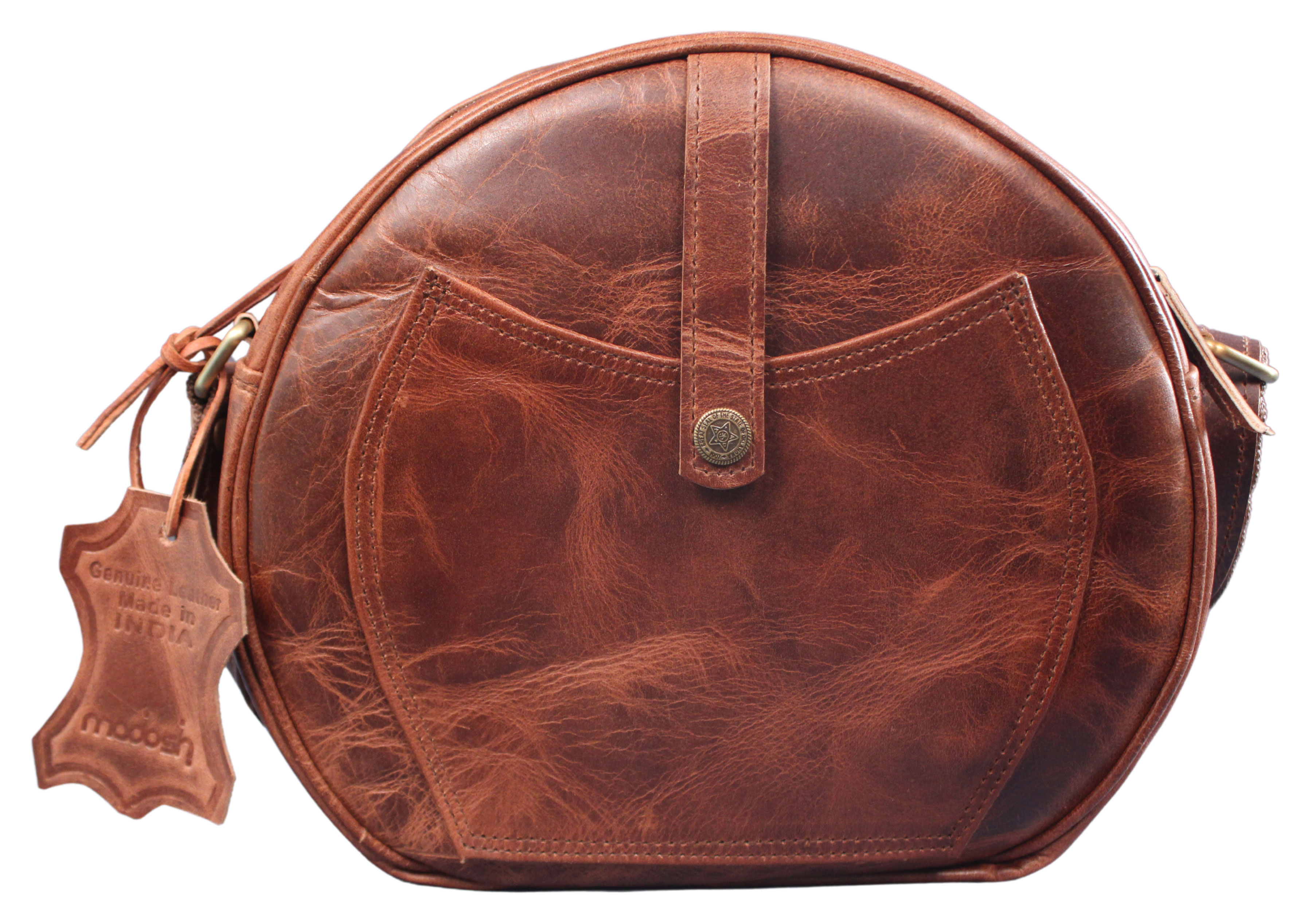 Madosh Genuine Leather Crossbody Sling Bag |Brown Leather Bag | Unique Round layout |Spacious Compartments| Women everyday use.